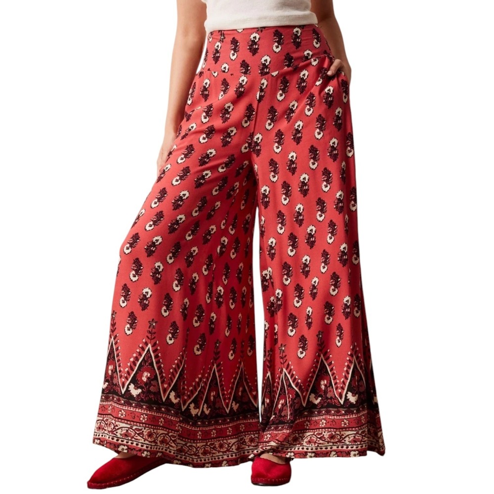 Free People Artisan Bohemian Wide Leg Linen Blend Palazzo Pant Red Flowy Large